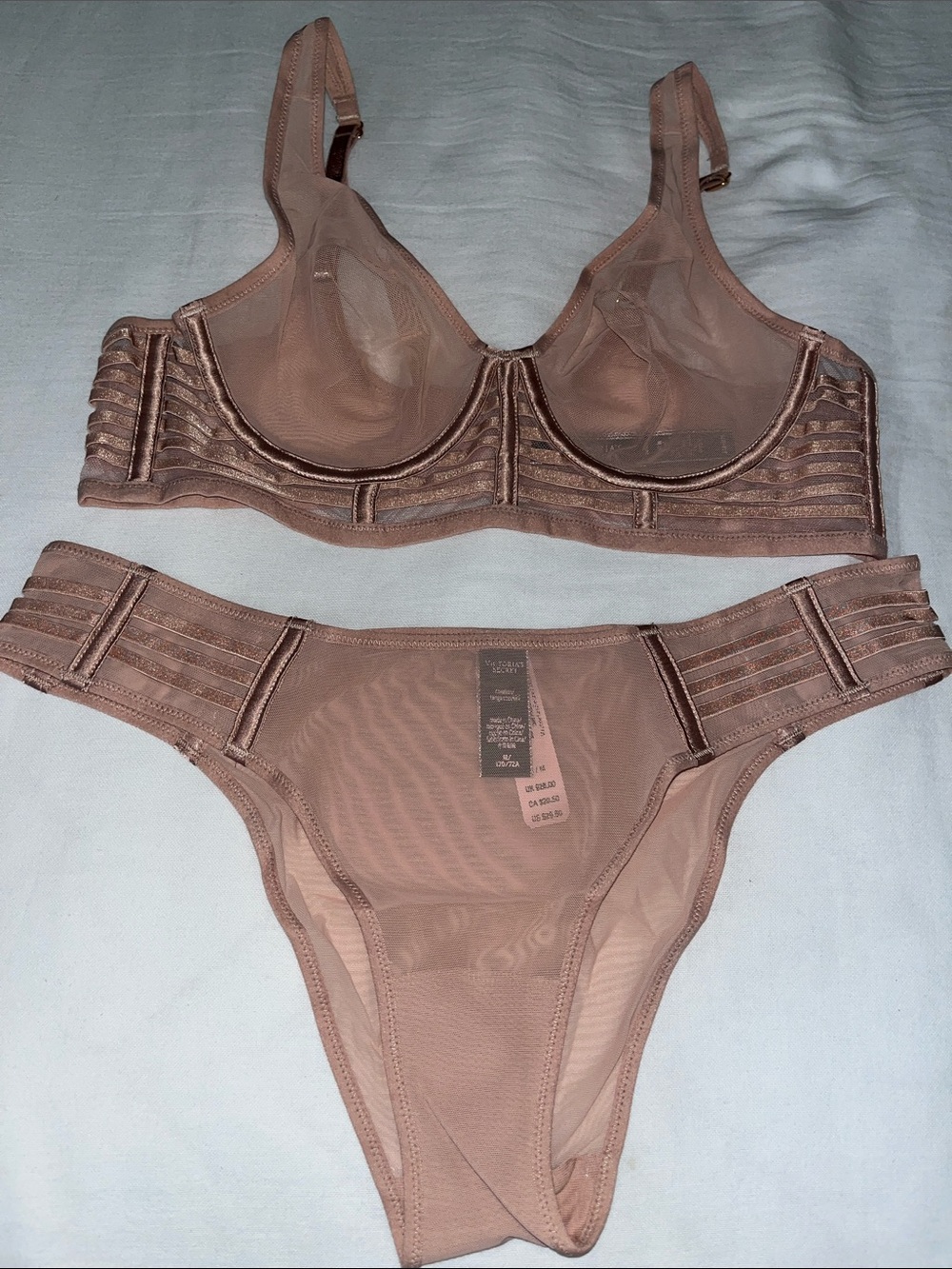 Victoria's Secret Nude Praline Luxe Sheer Mesh Underwire Bra & Cheeky Set